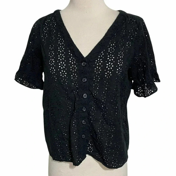 Madewell XS black eyelet ruffle sleeve button top Whimpsygoth Fairycore - Picture 1 of 6